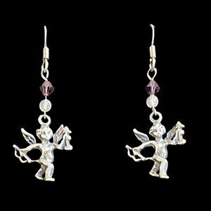 🆕Vintage Sterling Silver 925 Cupid Earrings – Swarovski Crystals & Rose Quartz